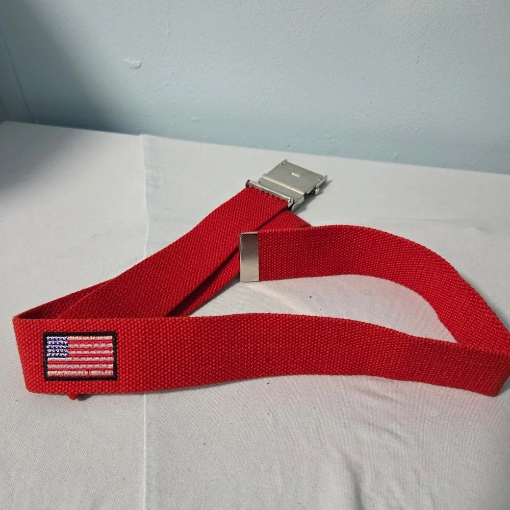 Vintage USA Patriotic Red Web Belt American Flag Buckle Canvas Military Style